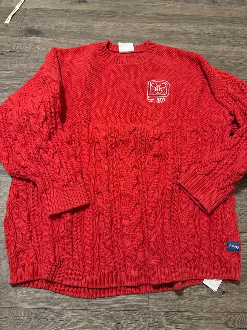 Disney Red Cable-Knit Crewneck Spirit Jersey Sweater with Embroidered Crest xl
